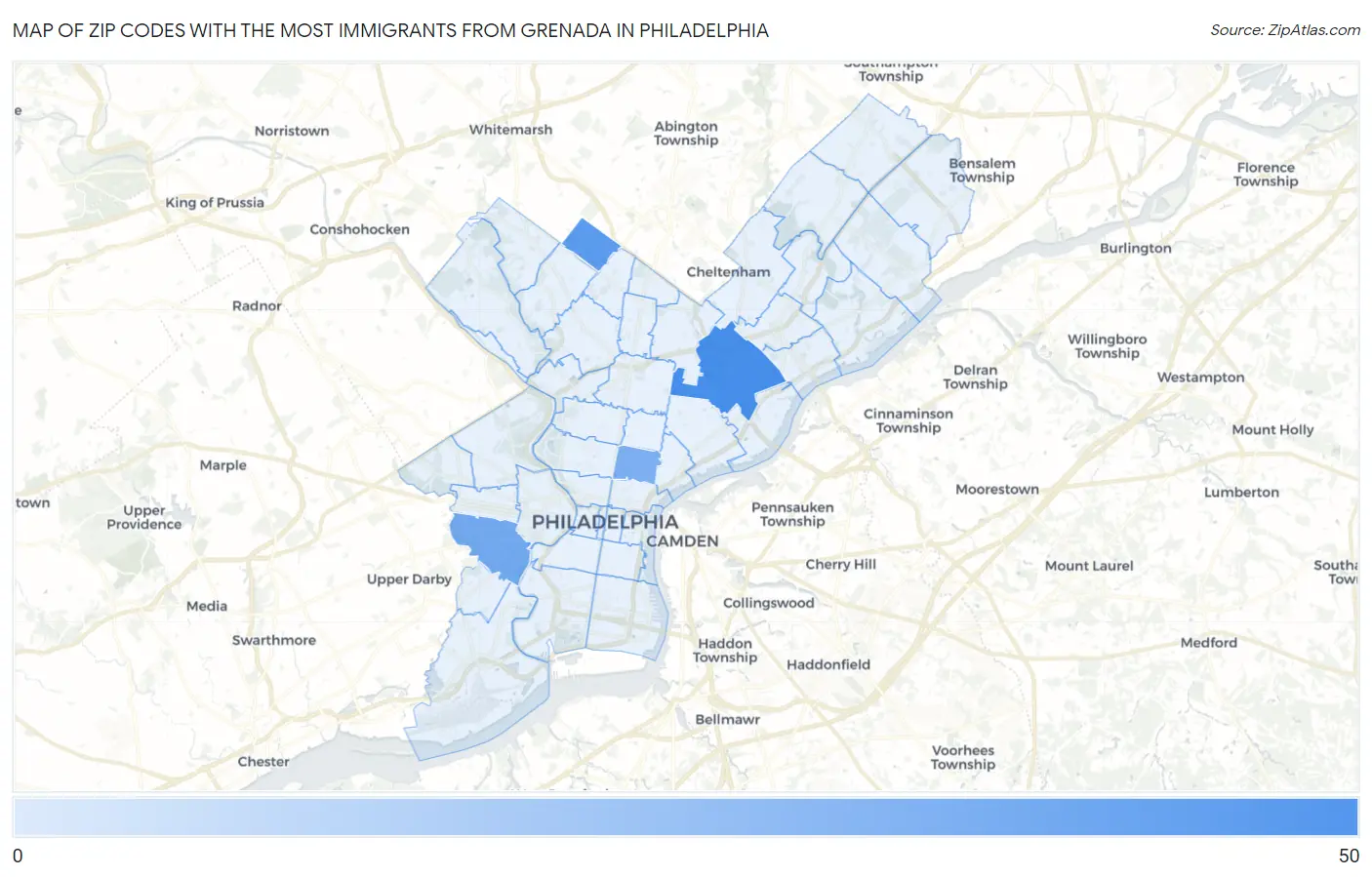 Zip Codes with the Most Immigrants from Grenada in Philadelphia Map