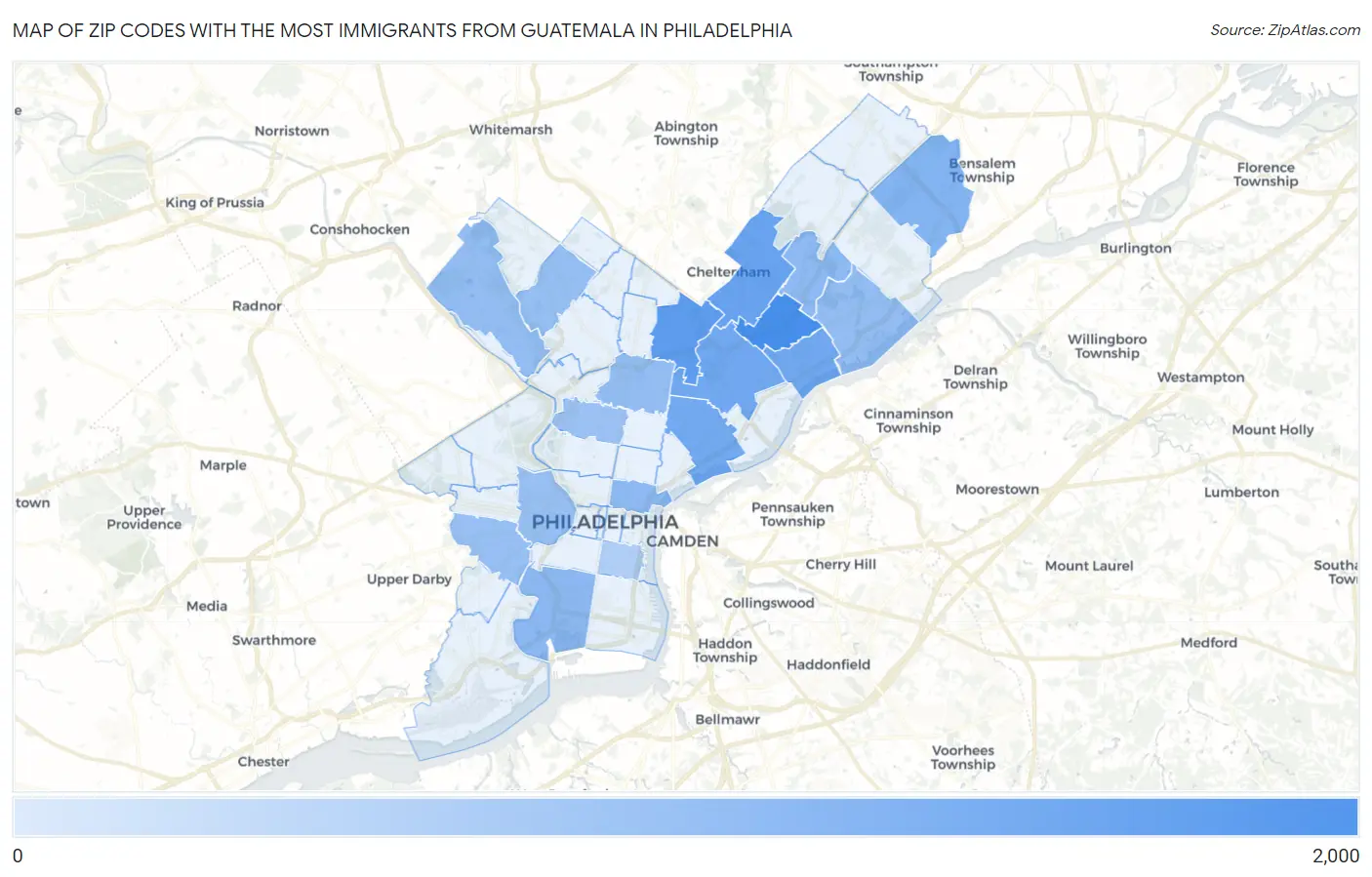 Zip Codes with the Most Immigrants from Guatemala in Philadelphia Map