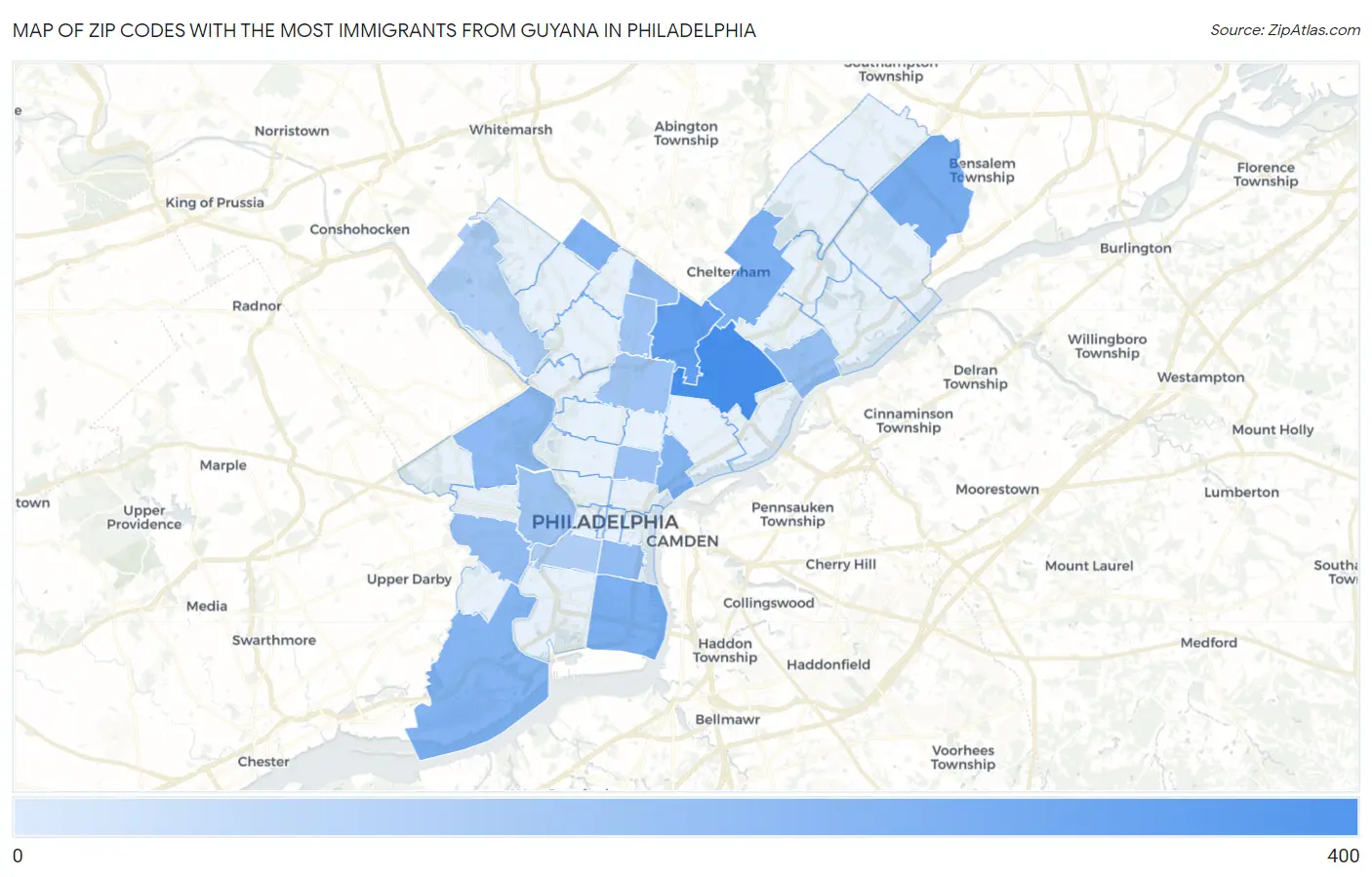 Zip Codes with the Most Immigrants from Guyana in Philadelphia Map