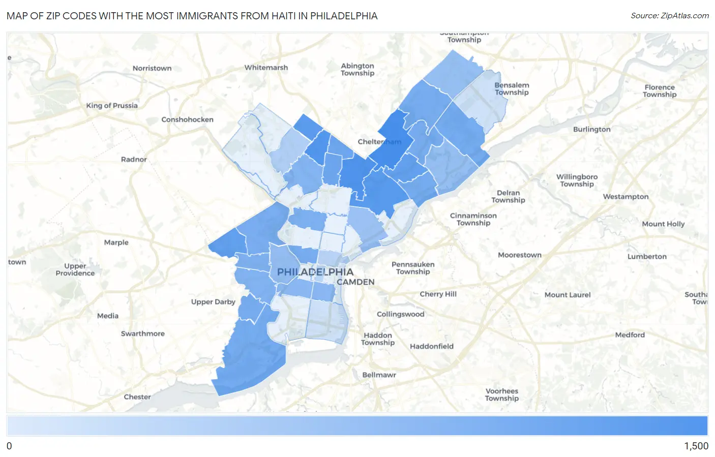 Zip Codes with the Most Immigrants from Haiti in Philadelphia Map
