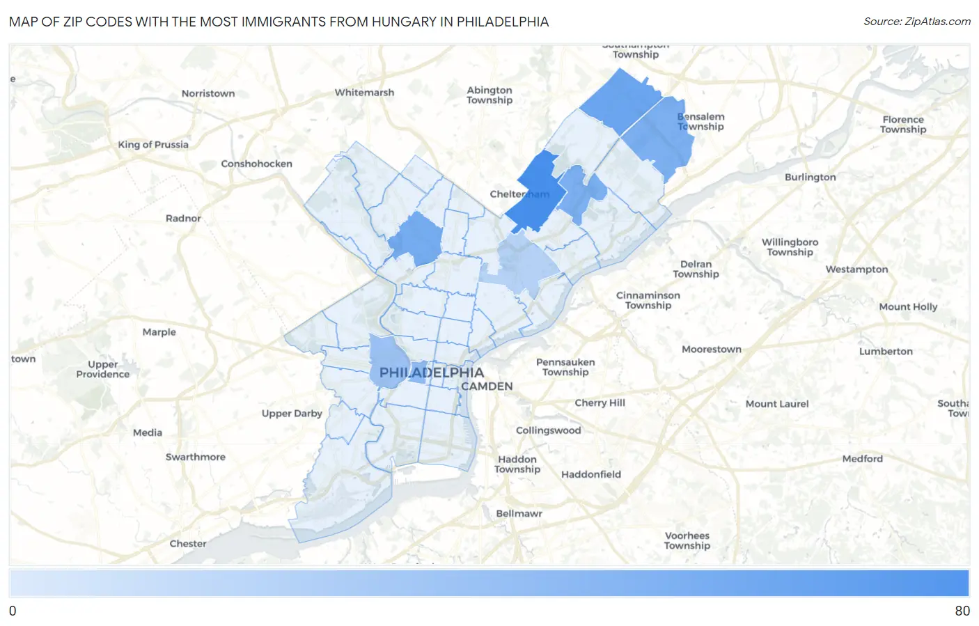 Zip Codes with the Most Immigrants from Hungary in Philadelphia Map