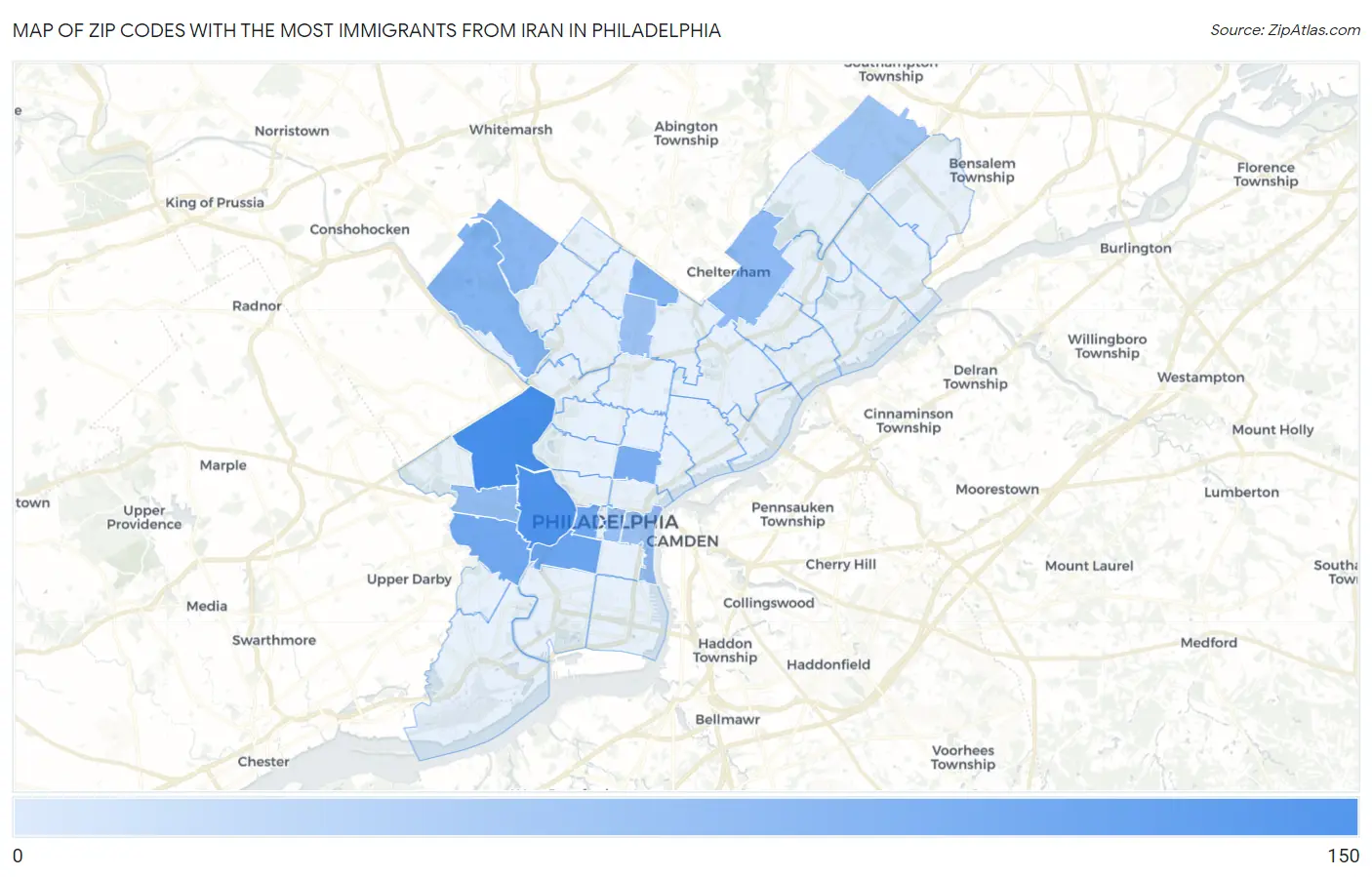 Zip Codes with the Most Immigrants from Iran in Philadelphia Map