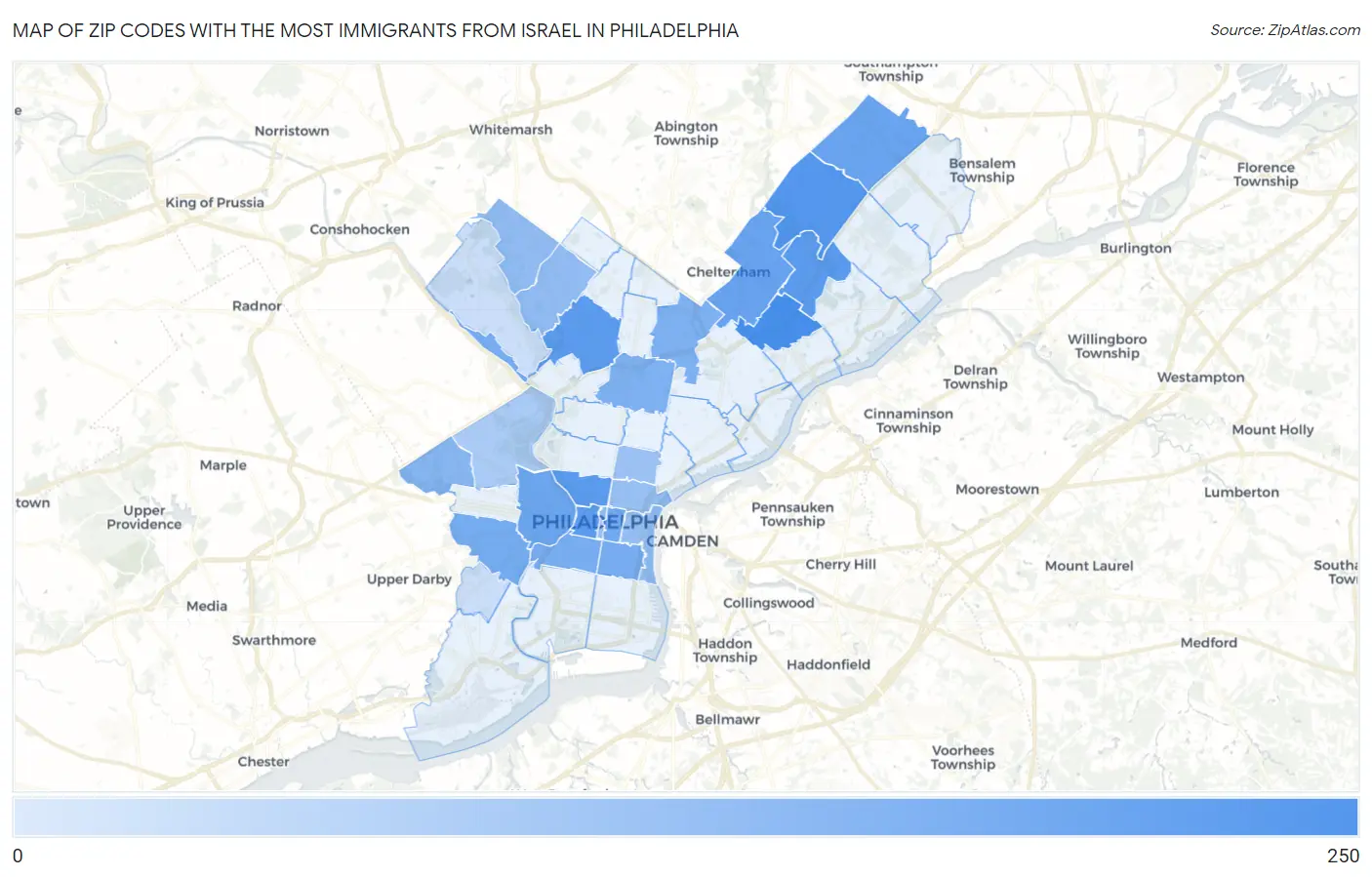 Zip Codes with the Most Immigrants from Israel in Philadelphia Map