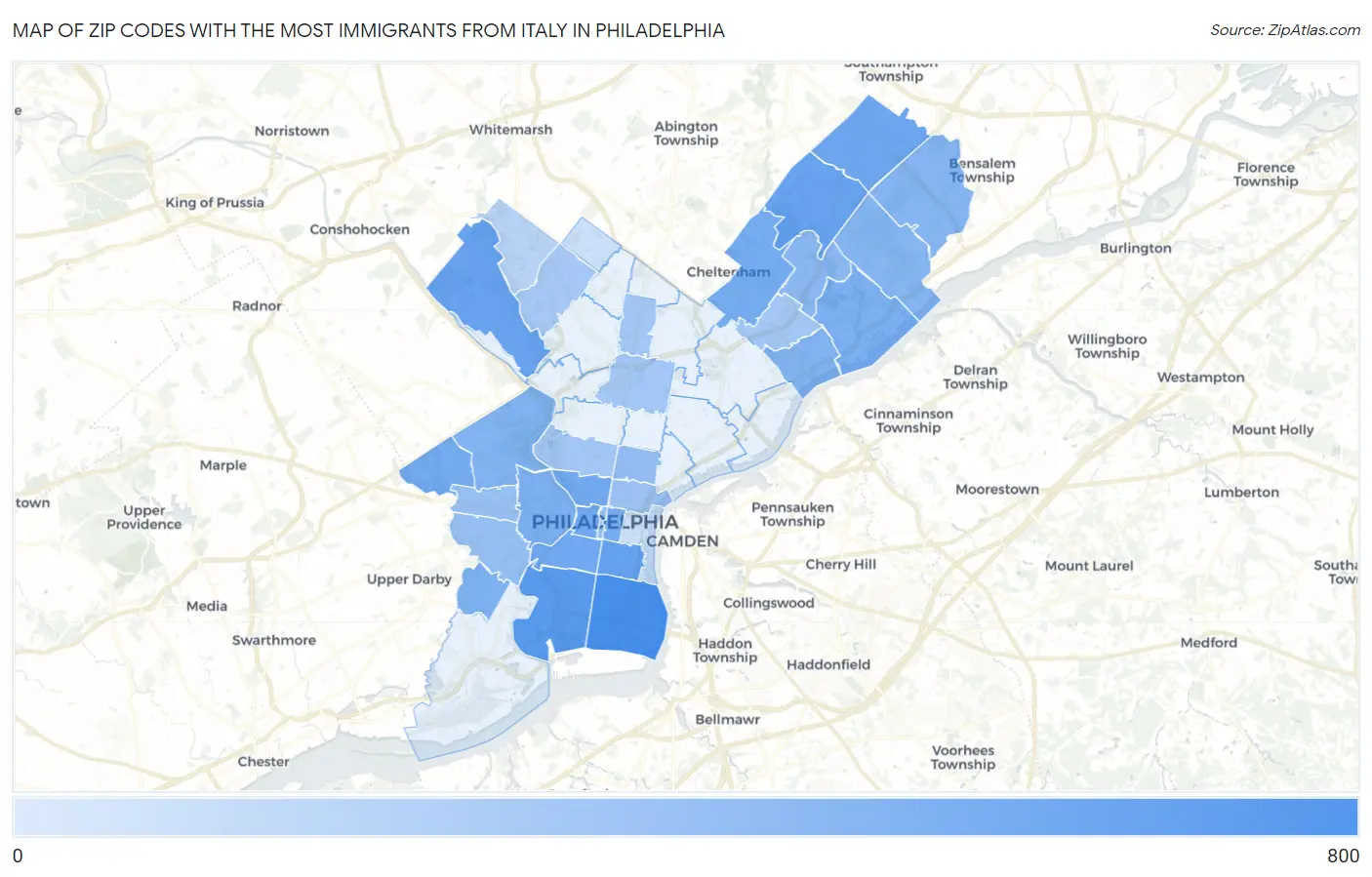 Zip Codes with the Most Immigrants from Italy in Philadelphia Map