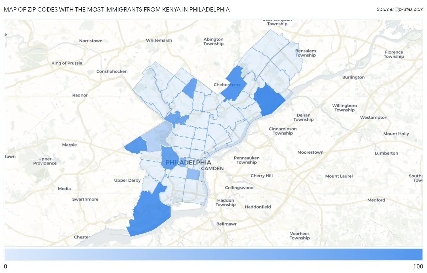 Zip Codes with the Most Immigrants from Kenya in Philadelphia Map