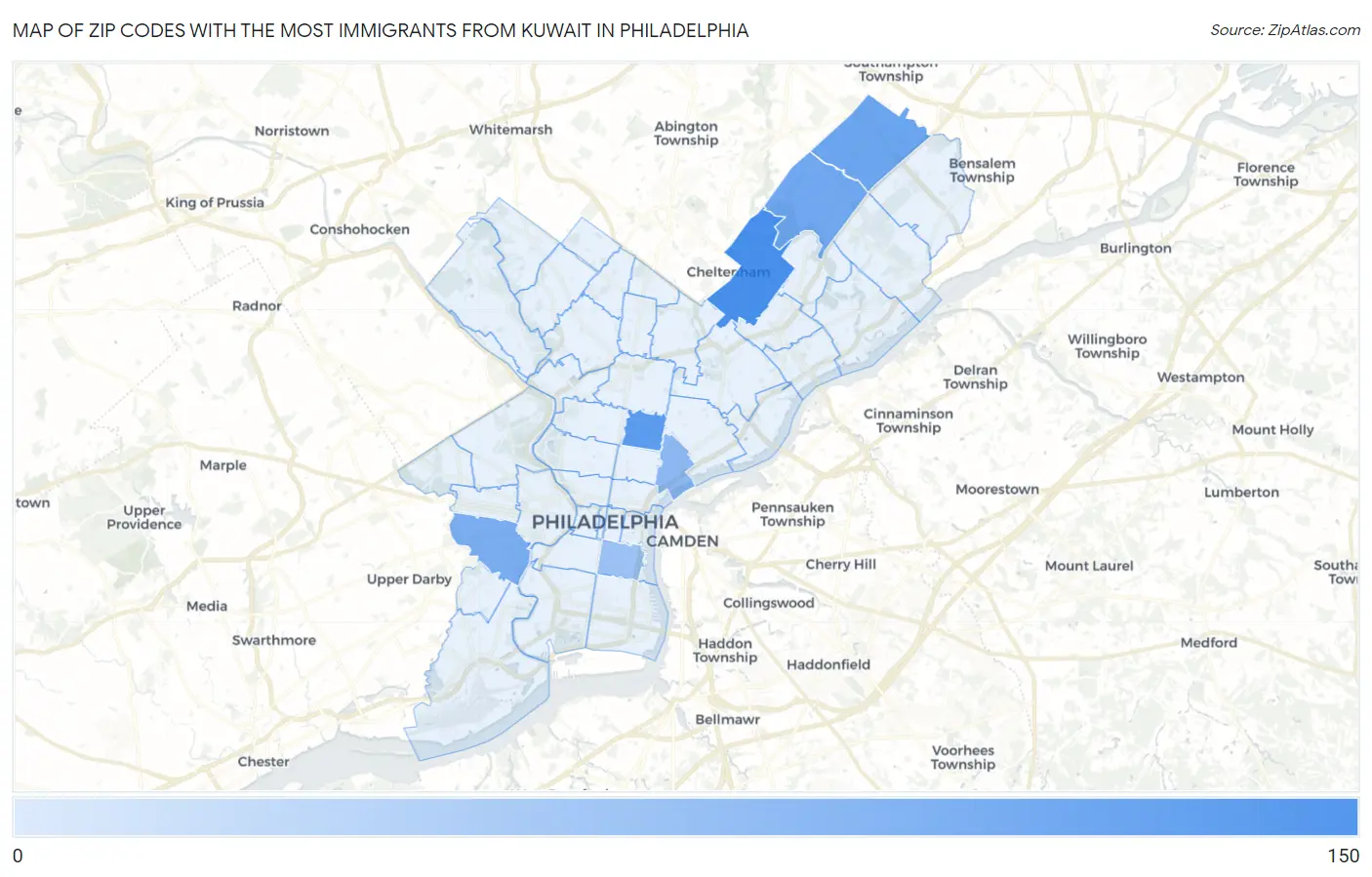 Zip Codes with the Most Immigrants from Kuwait in Philadelphia Map