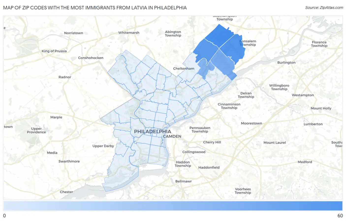 Zip Codes with the Most Immigrants from Latvia in Philadelphia Map