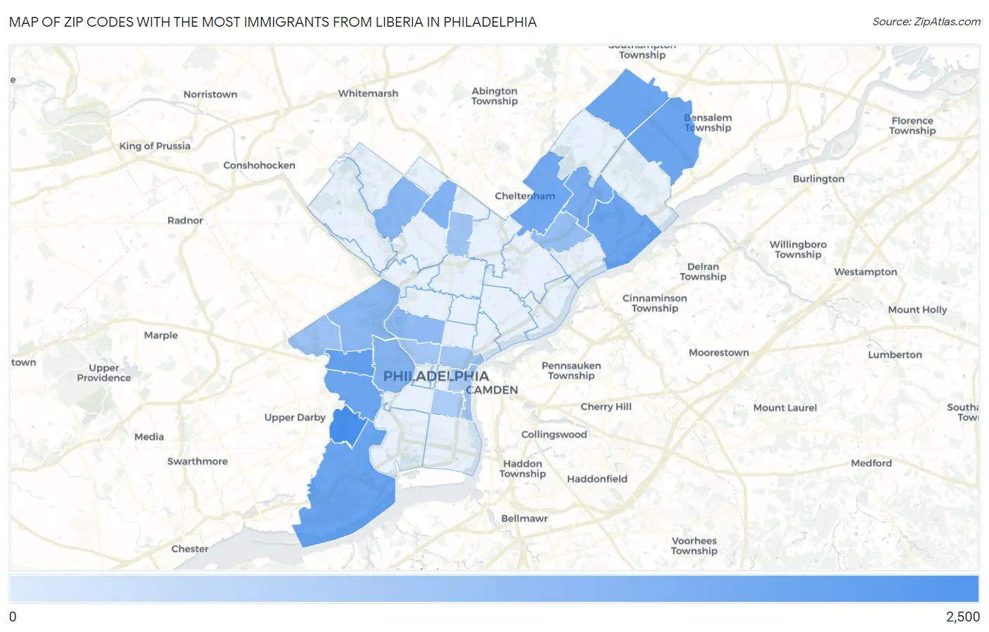 Zip Codes with the Most Immigrants from Liberia in Philadelphia Map