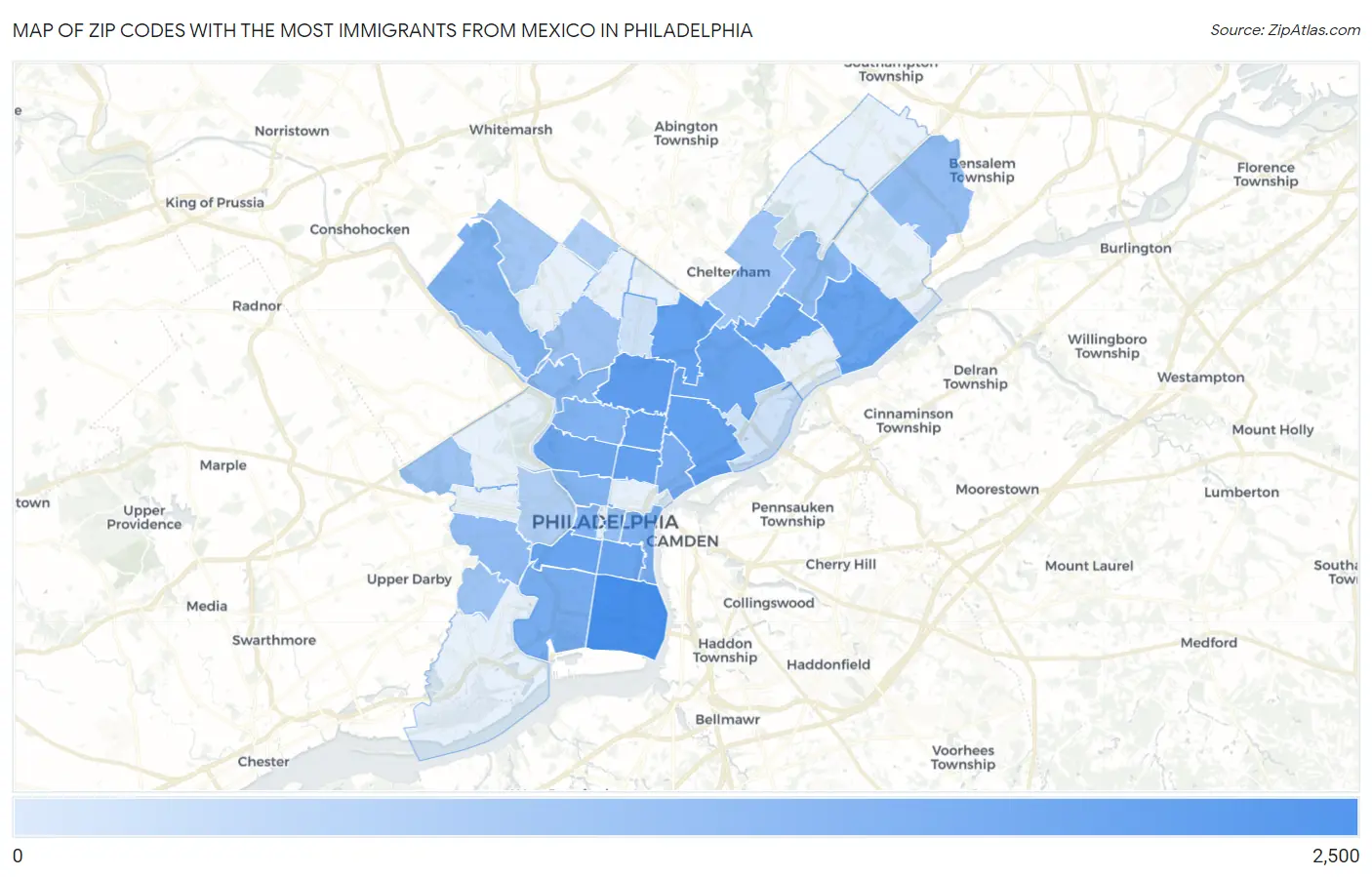 Zip Codes with the Most Immigrants from Mexico in Philadelphia Map