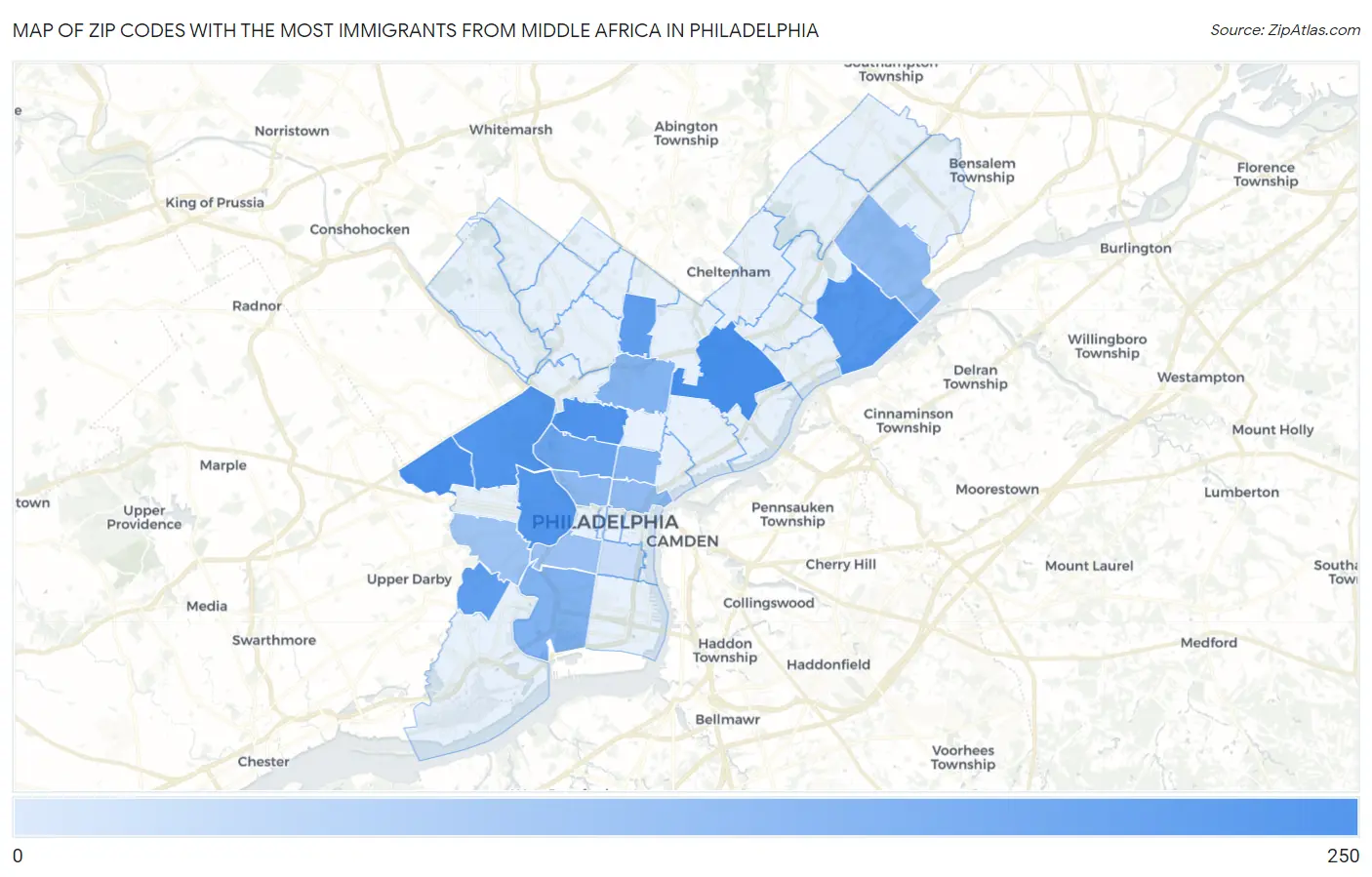 Zip Codes with the Most Immigrants from Middle Africa in Philadelphia Map