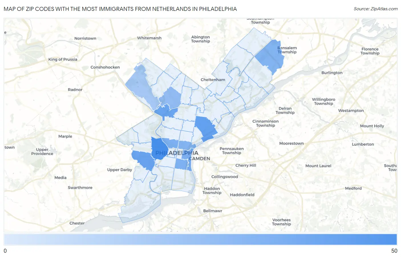 Zip Codes with the Most Immigrants from Netherlands in Philadelphia Map