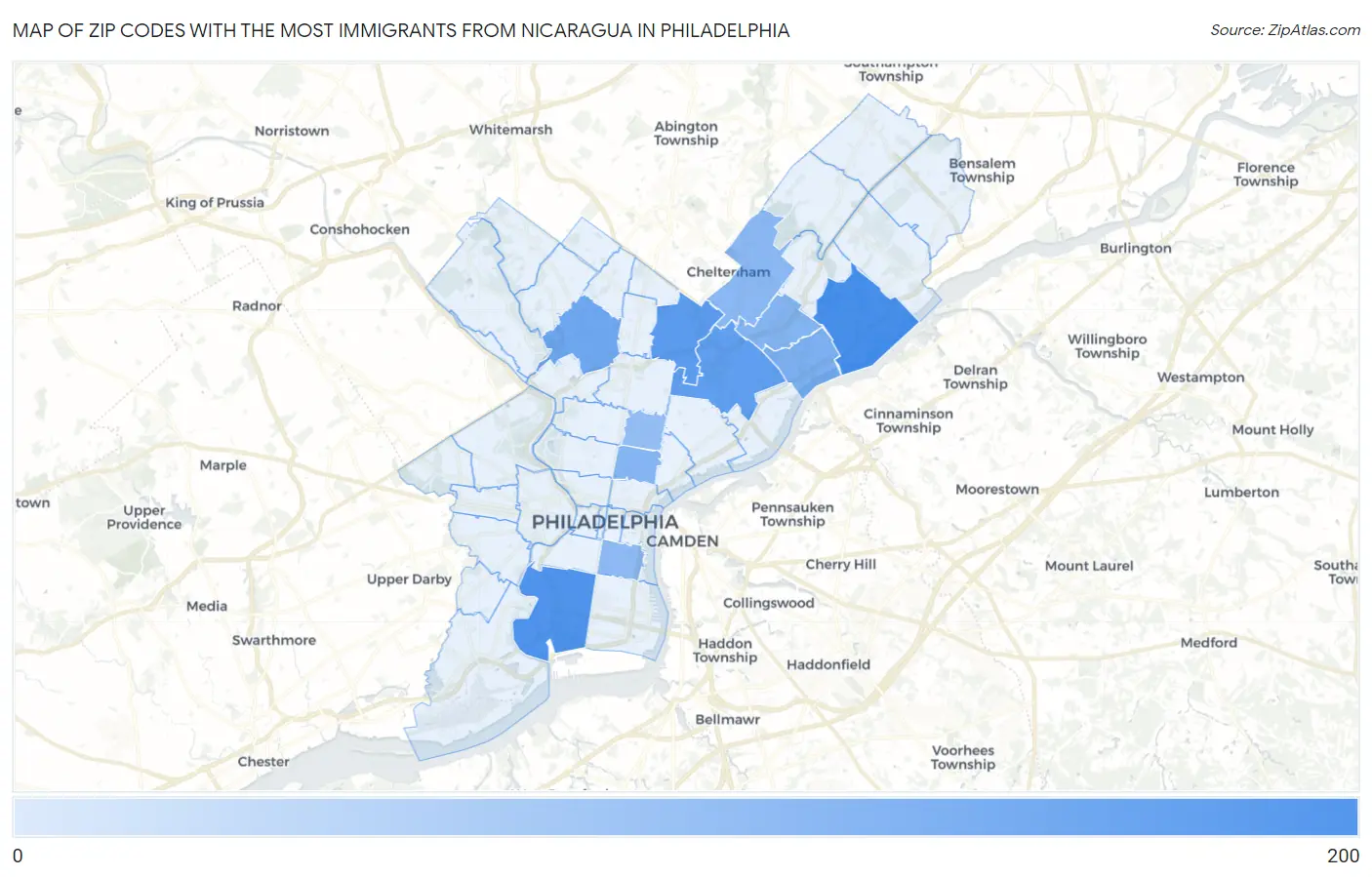 Zip Codes with the Most Immigrants from Nicaragua in Philadelphia Map