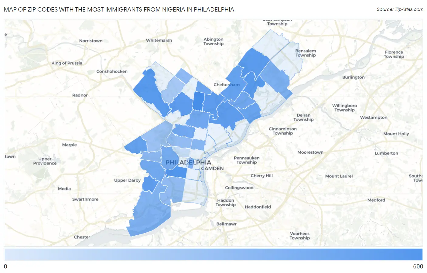 Zip Codes with the Most Immigrants from Nigeria in Philadelphia Map