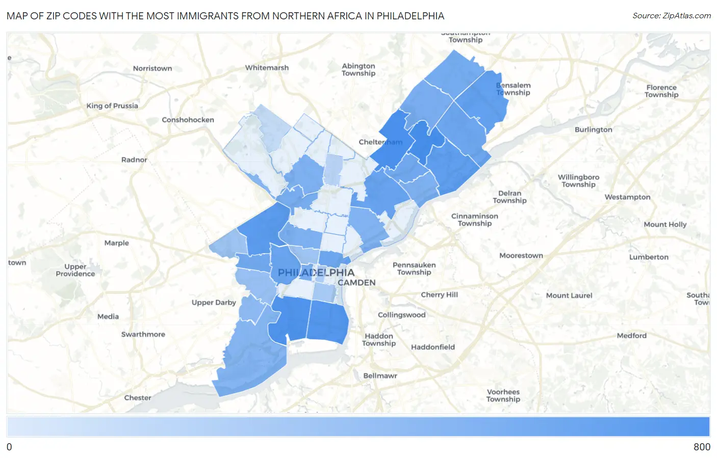 Zip Codes with the Most Immigrants from Northern Africa in Philadelphia Map