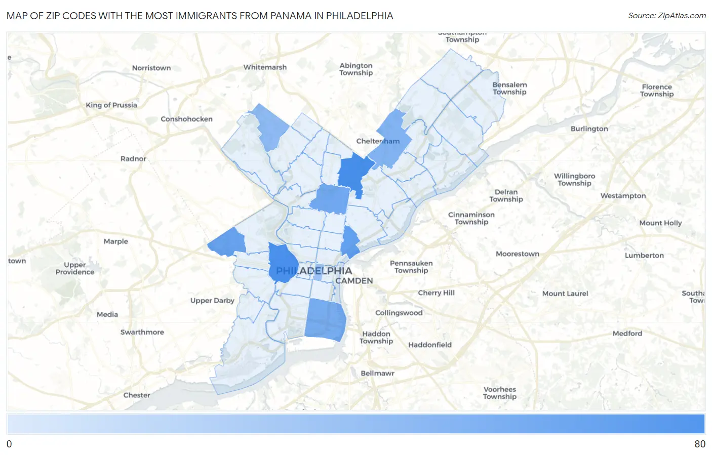 Zip Codes with the Most Immigrants from Panama in Philadelphia Map
