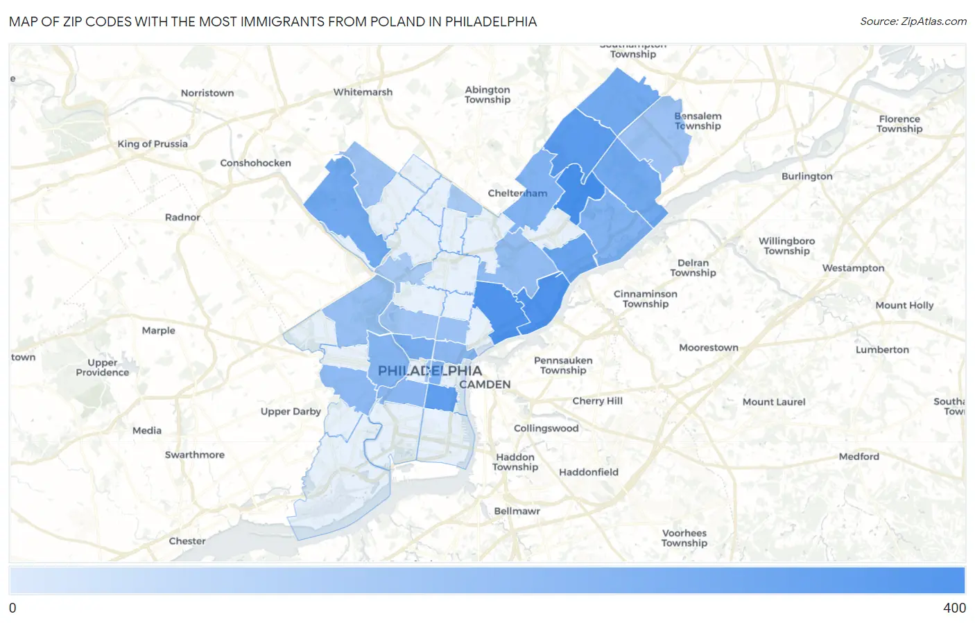 Zip Codes with the Most Immigrants from Poland in Philadelphia Map