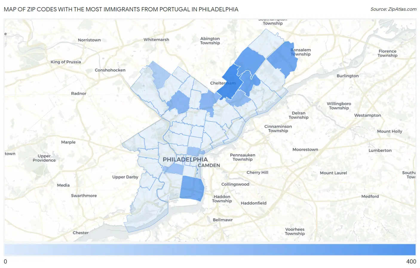 Zip Codes with the Most Immigrants from Portugal in Philadelphia Map