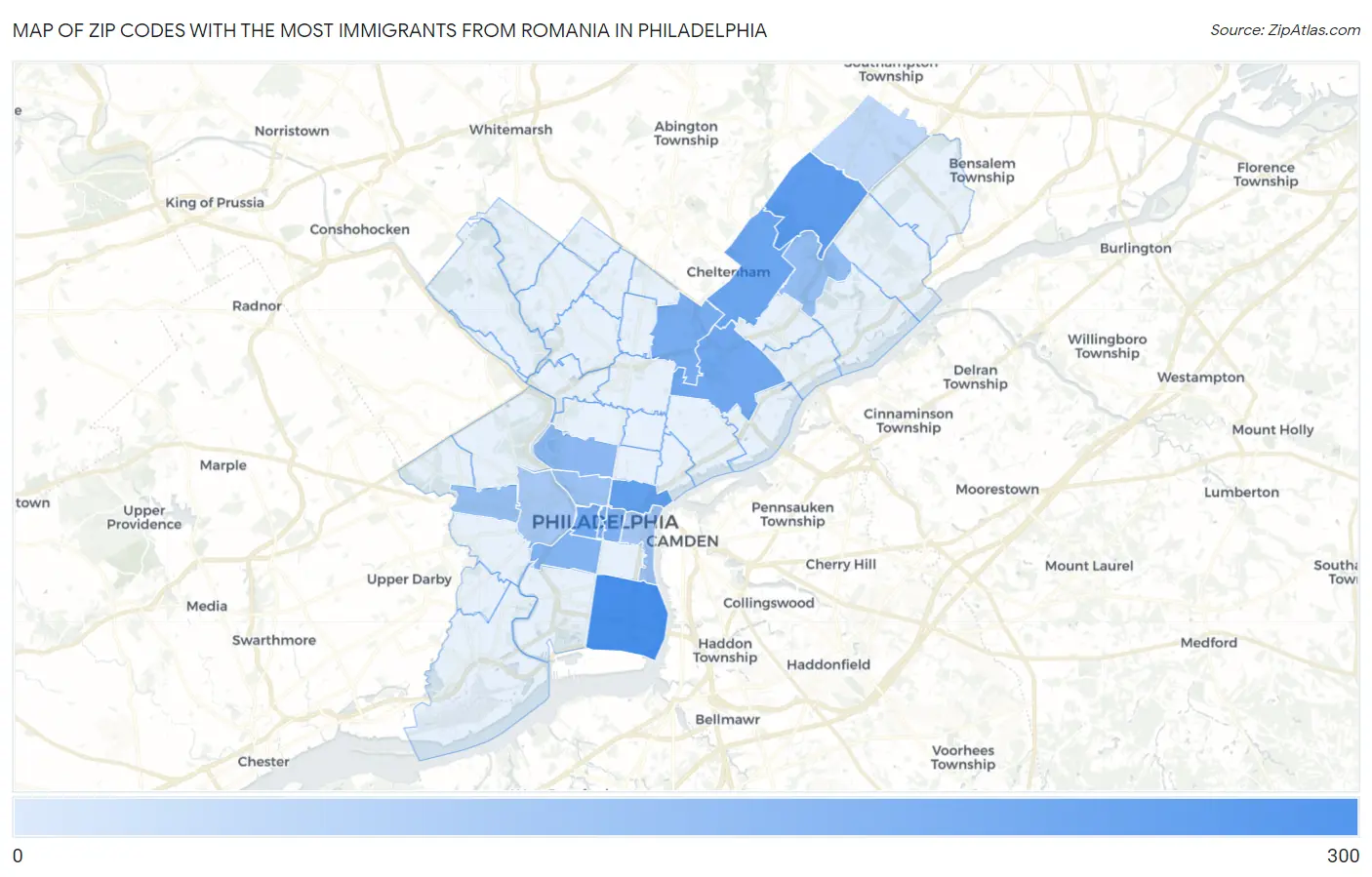Zip Codes with the Most Immigrants from Romania in Philadelphia Map