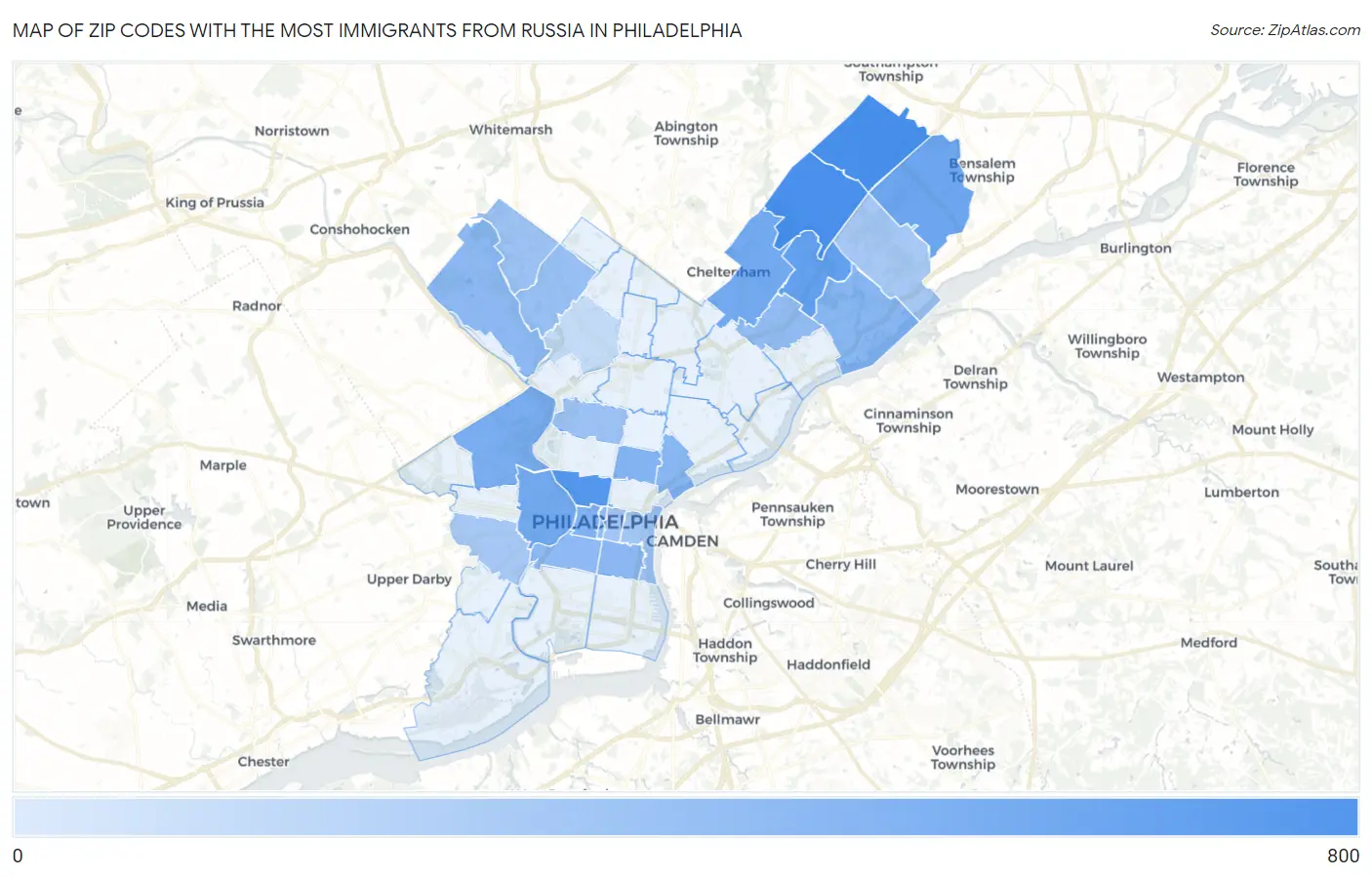 Zip Codes with the Most Immigrants from Russia in Philadelphia Map