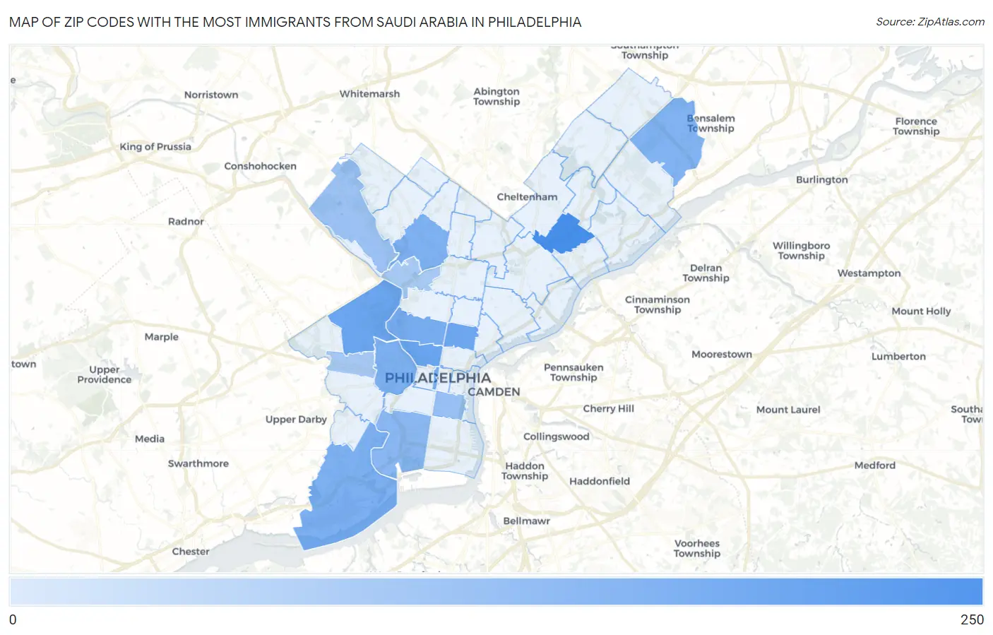 Zip Codes with the Most Immigrants from Saudi Arabia in Philadelphia Map