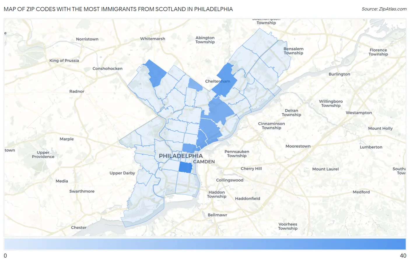Zip Codes with the Most Immigrants from Scotland in Philadelphia Map