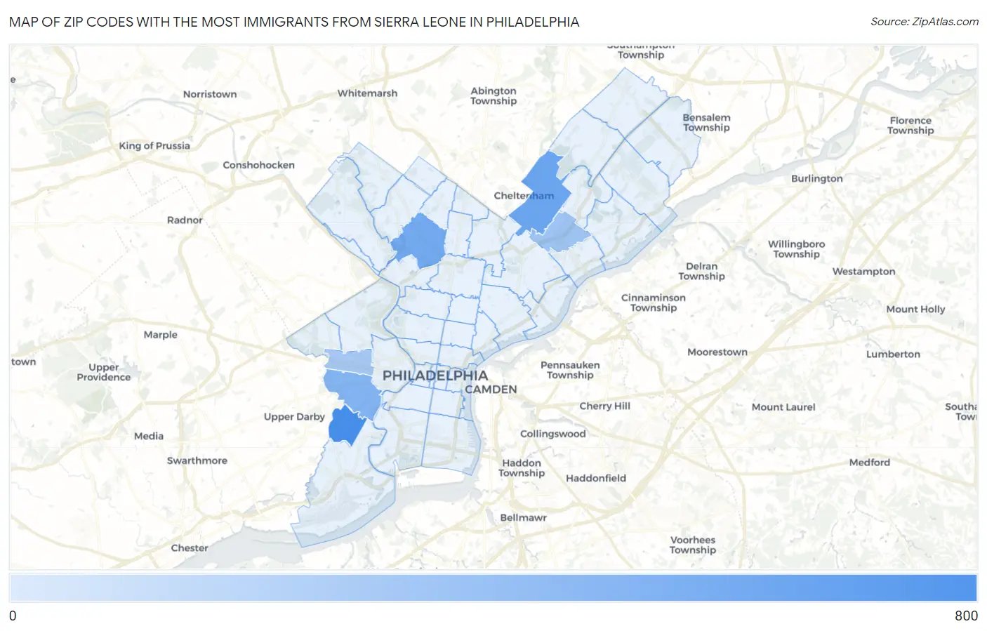 Zip Codes with the Most Immigrants from Sierra Leone in Philadelphia Map