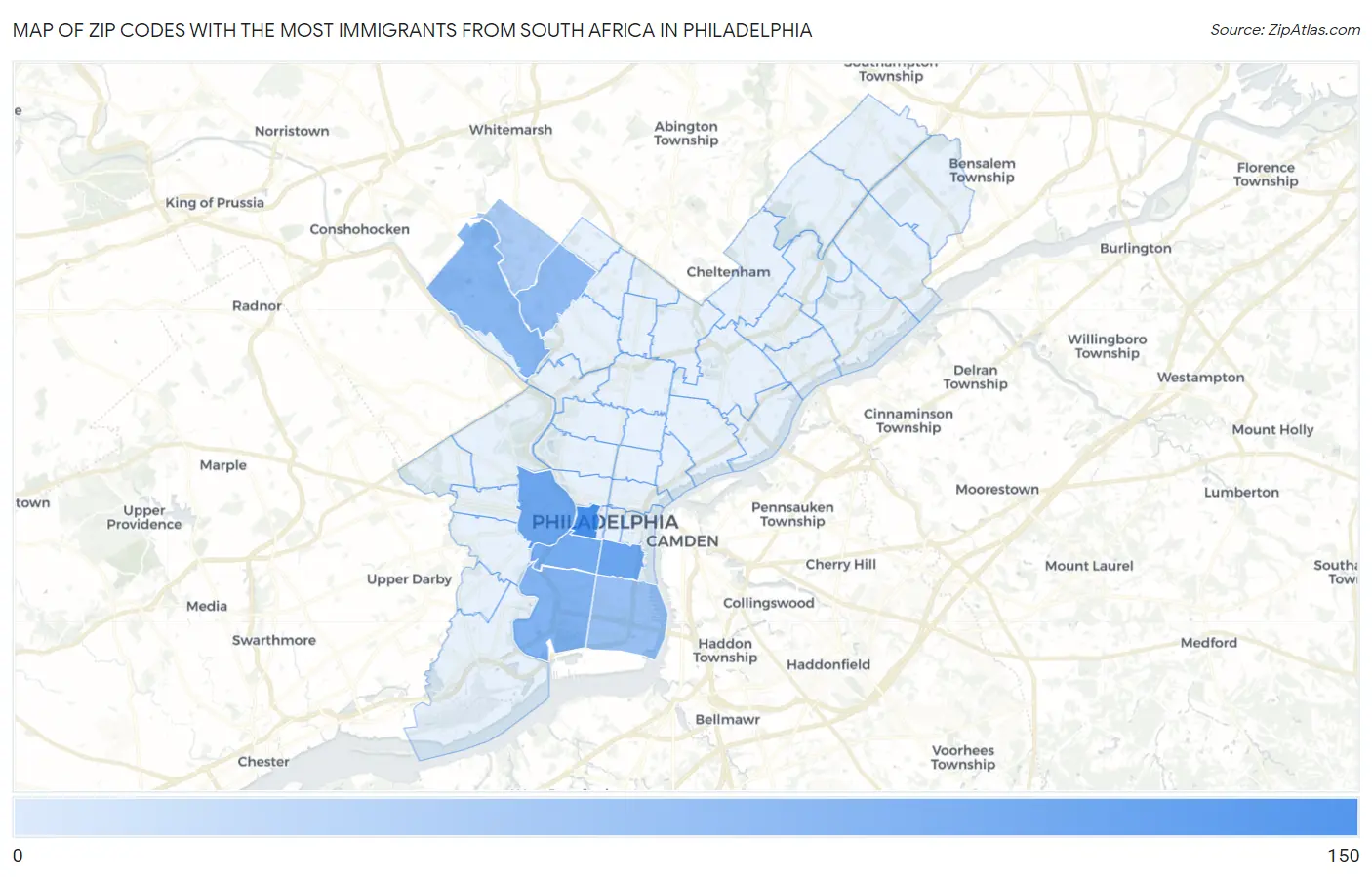 Zip Codes with the Most Immigrants from South Africa in Philadelphia Map