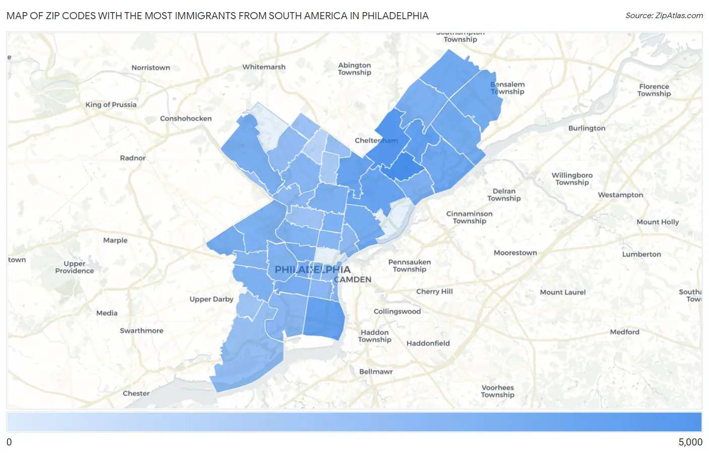 Zip Codes with the Most Immigrants from South America in Philadelphia Map