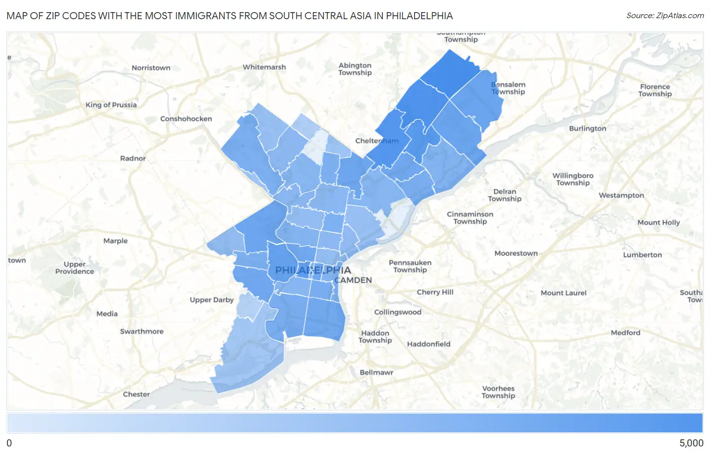 Zip Codes with the Most Immigrants from South Central Asia in Philadelphia Map