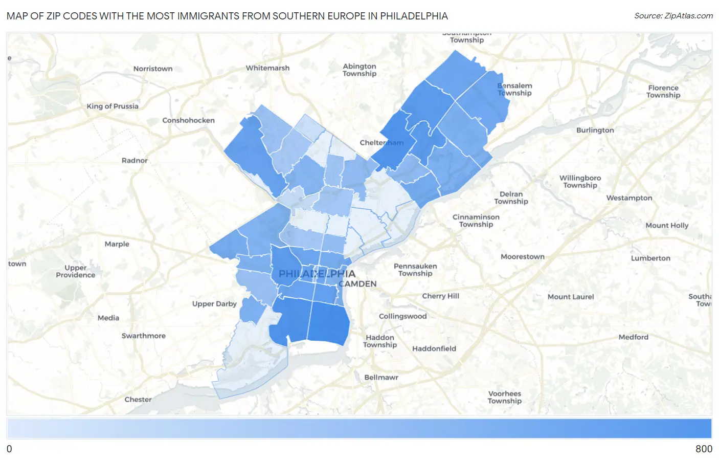 Zip Codes with the Most Immigrants from Southern Europe in Philadelphia Map