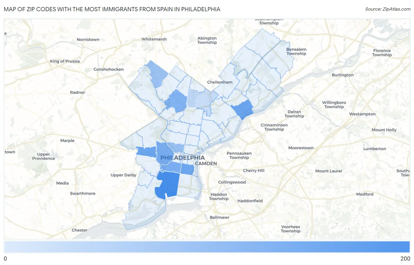 Zip Codes with the Most Immigrants from Spain in Philadelphia Map