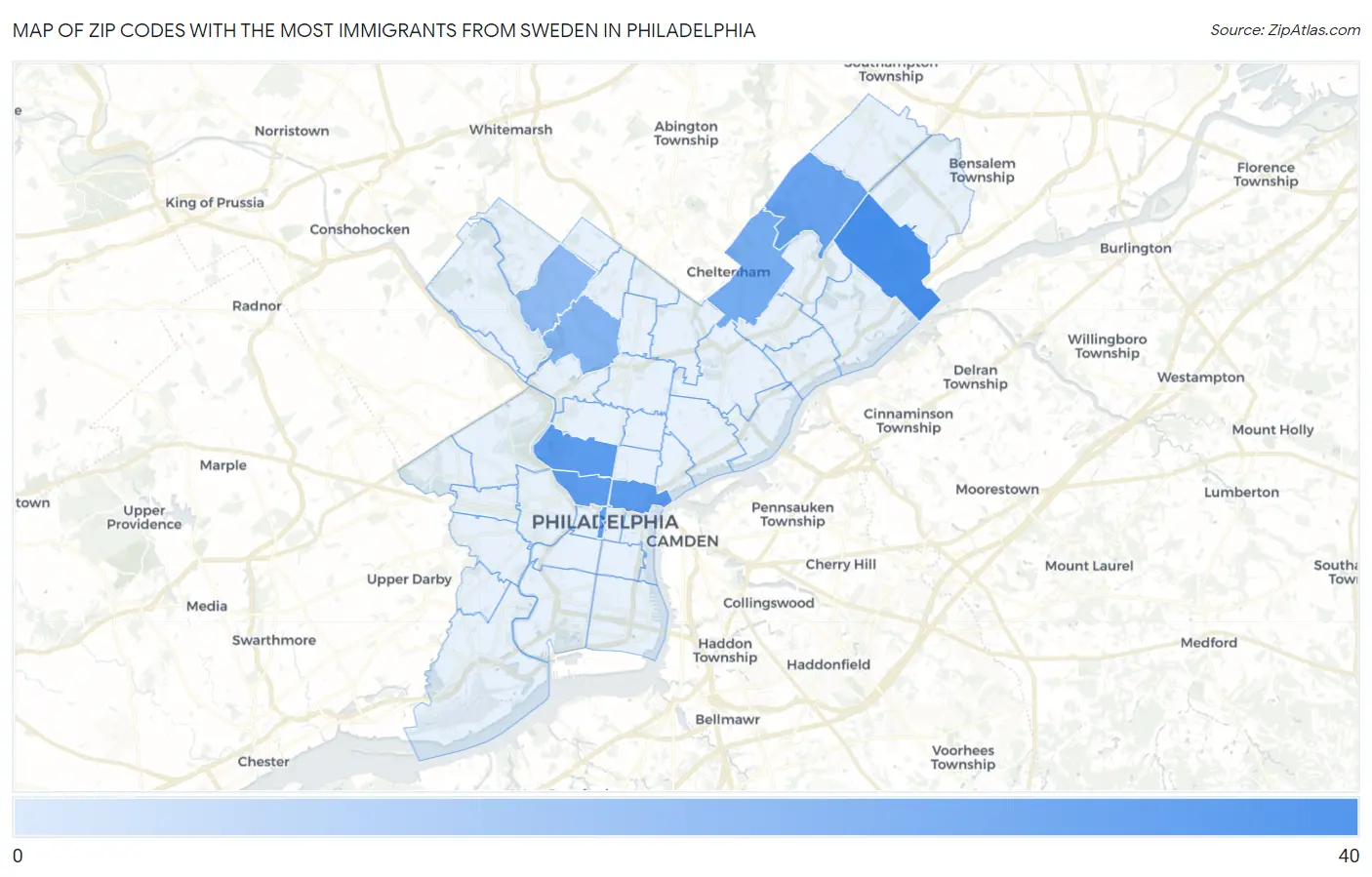 Zip Codes with the Most Immigrants from Sweden in Philadelphia Map