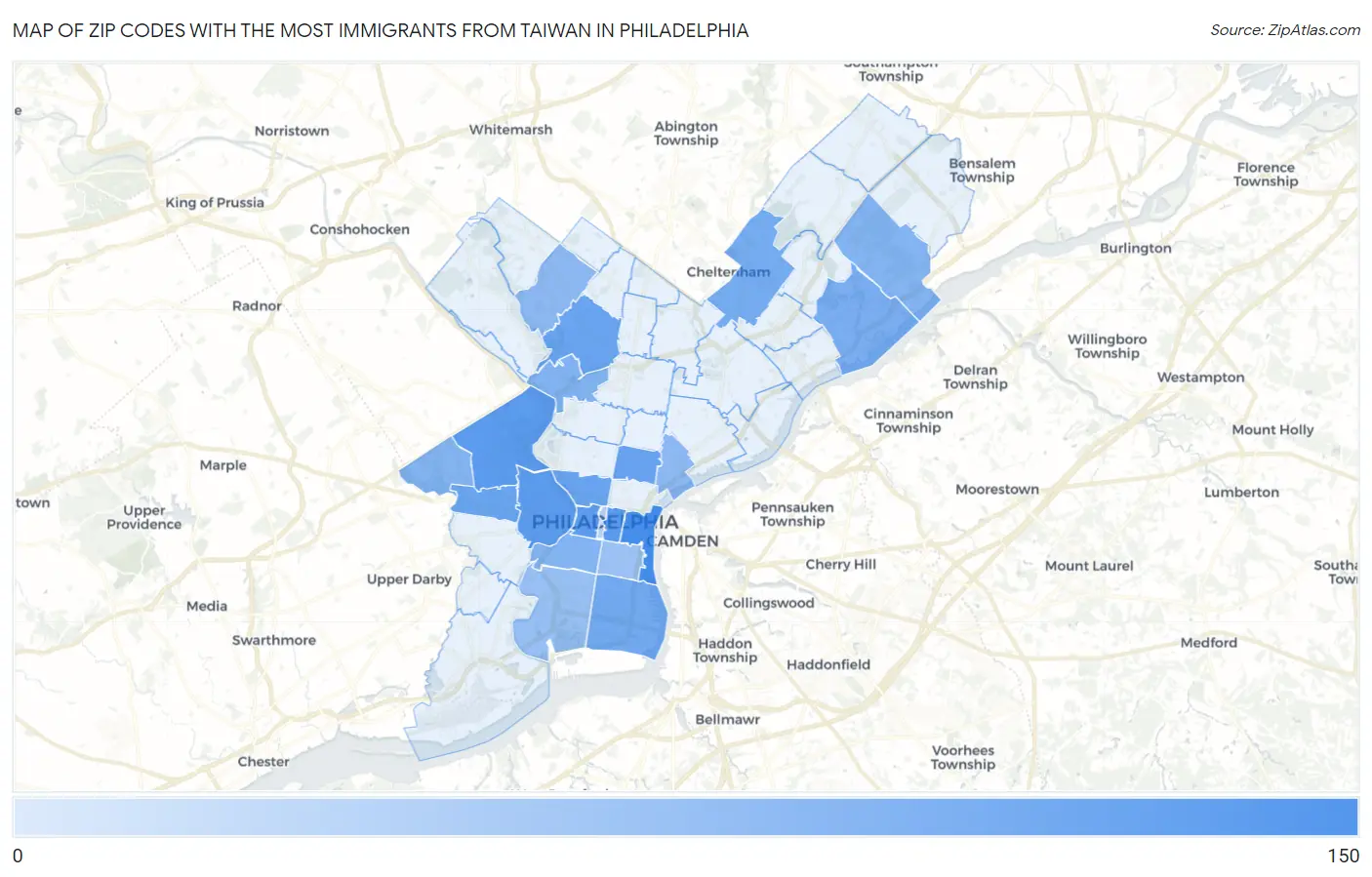 Zip Codes with the Most Immigrants from Taiwan in Philadelphia Map