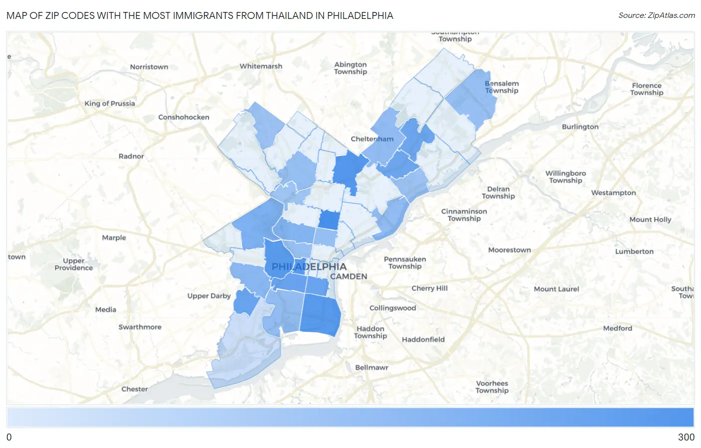 Zip Codes with the Most Immigrants from Thailand in Philadelphia Map