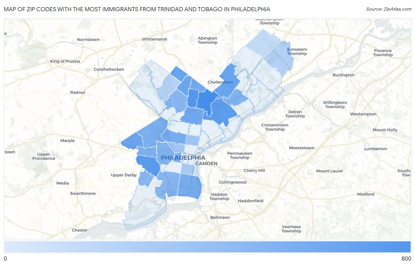 Zip Codes with the Most Immigrants from Trinidad and Tobago in Philadelphia Map