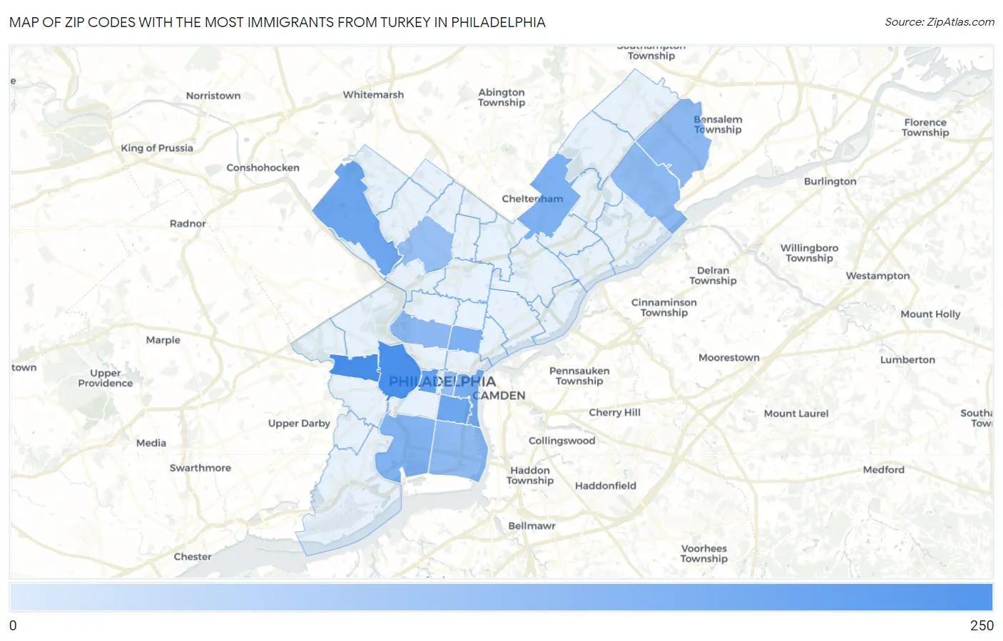 Zip Codes with the Most Immigrants from Turkey in Philadelphia Map