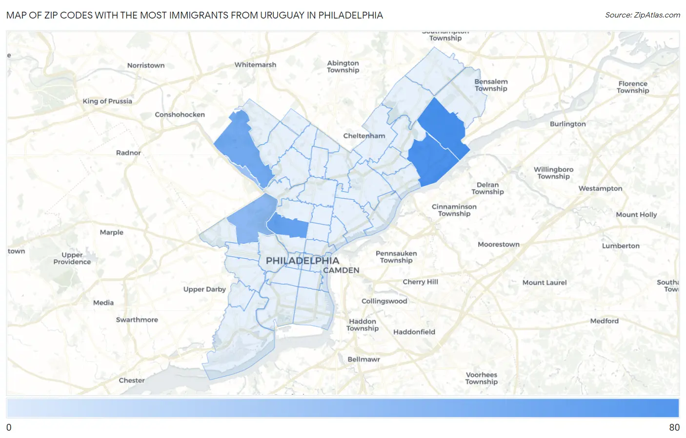 Zip Codes with the Most Immigrants from Uruguay in Philadelphia Map