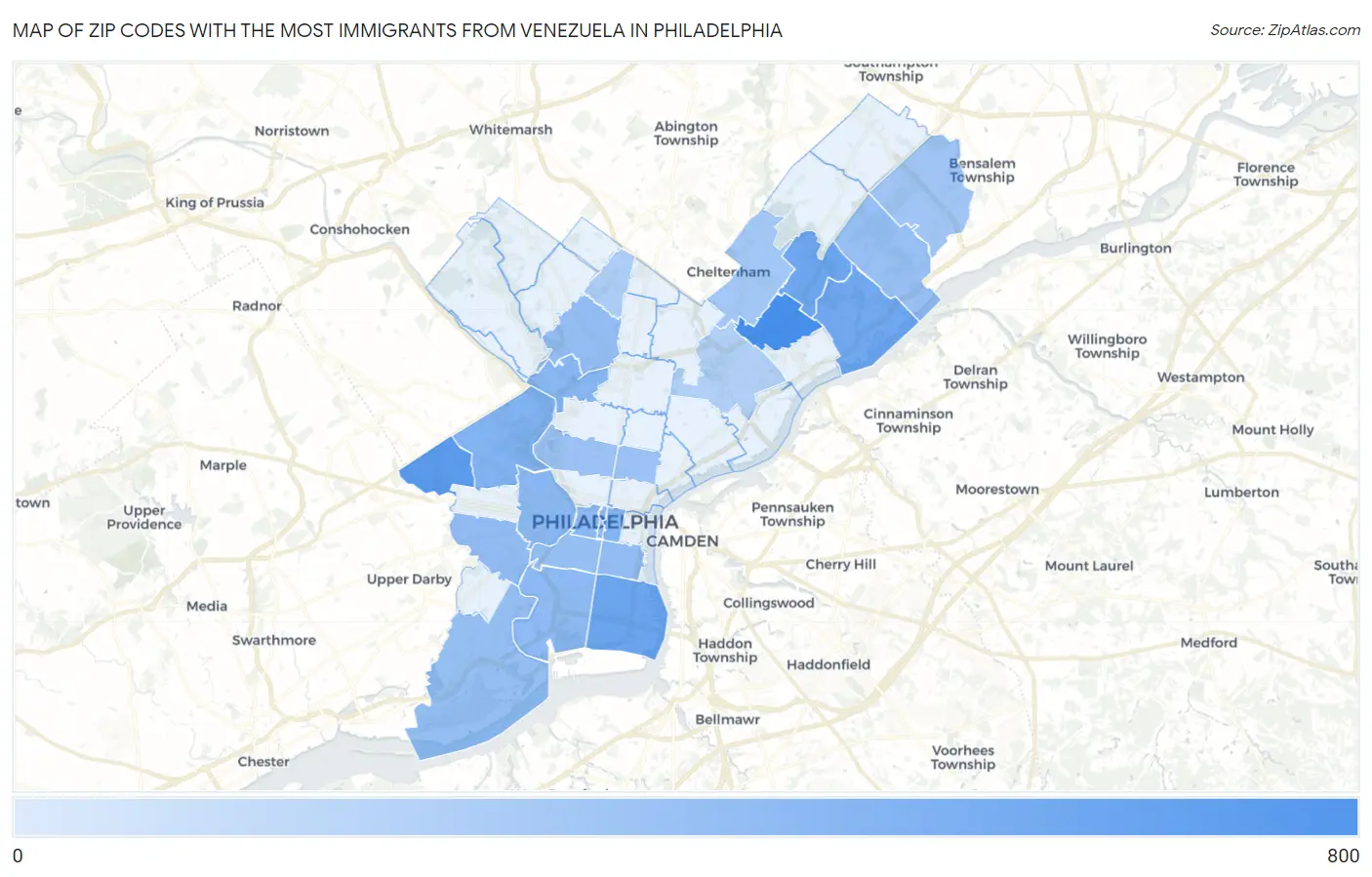 Zip Codes with the Most Immigrants from Venezuela in Philadelphia Map