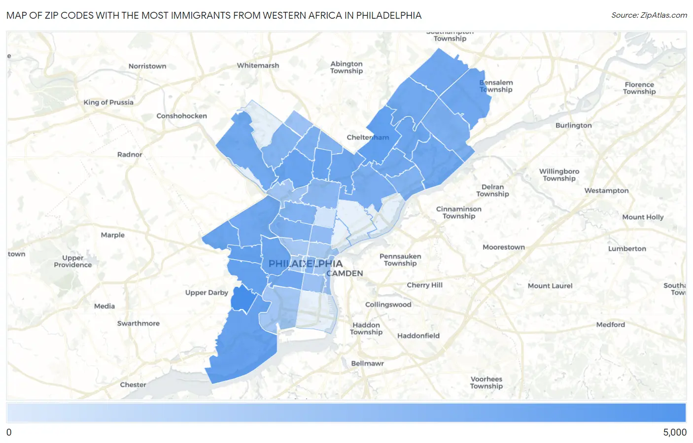 Zip Codes with the Most Immigrants from Western Africa in Philadelphia Map