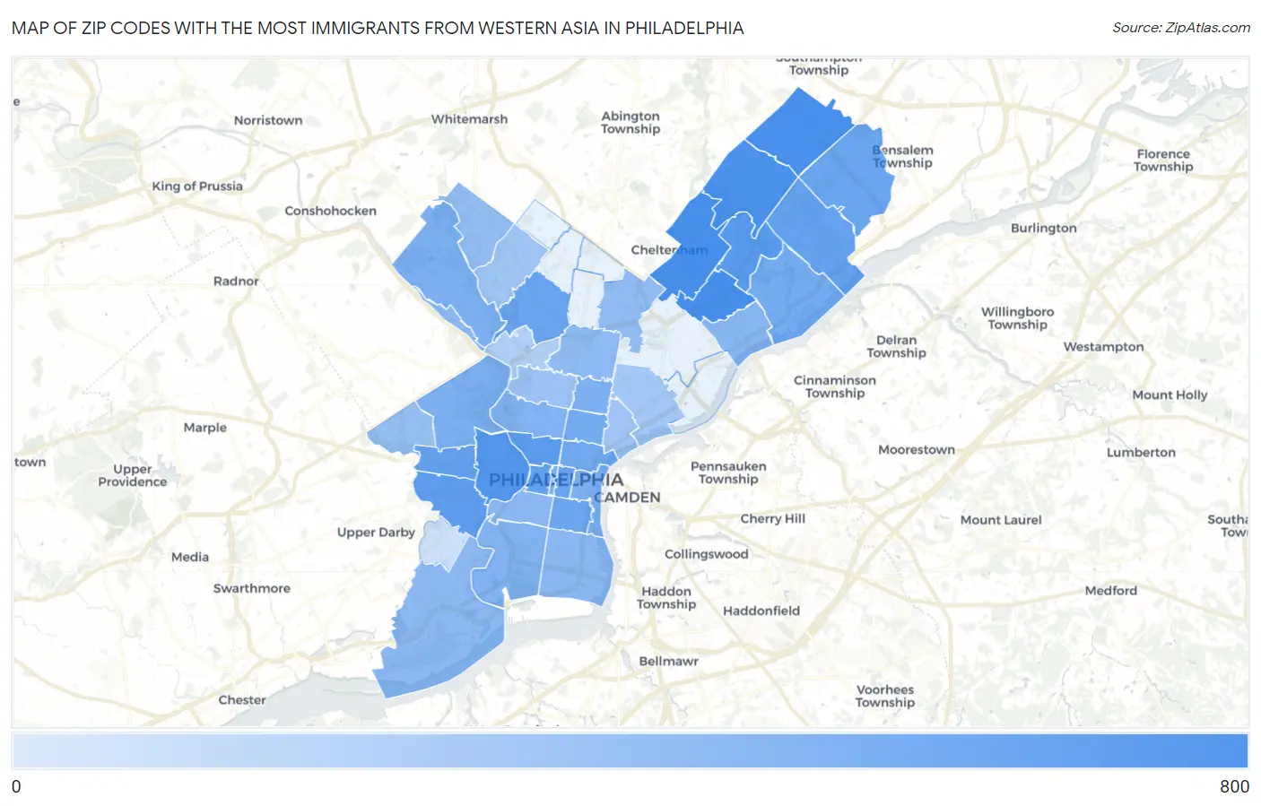 Zip Codes with the Most Immigrants from Western Asia in Philadelphia Map