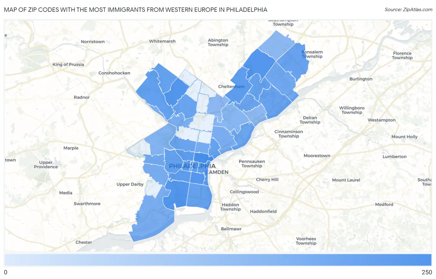 Zip Codes with the Most Immigrants from Western Europe in Philadelphia Map