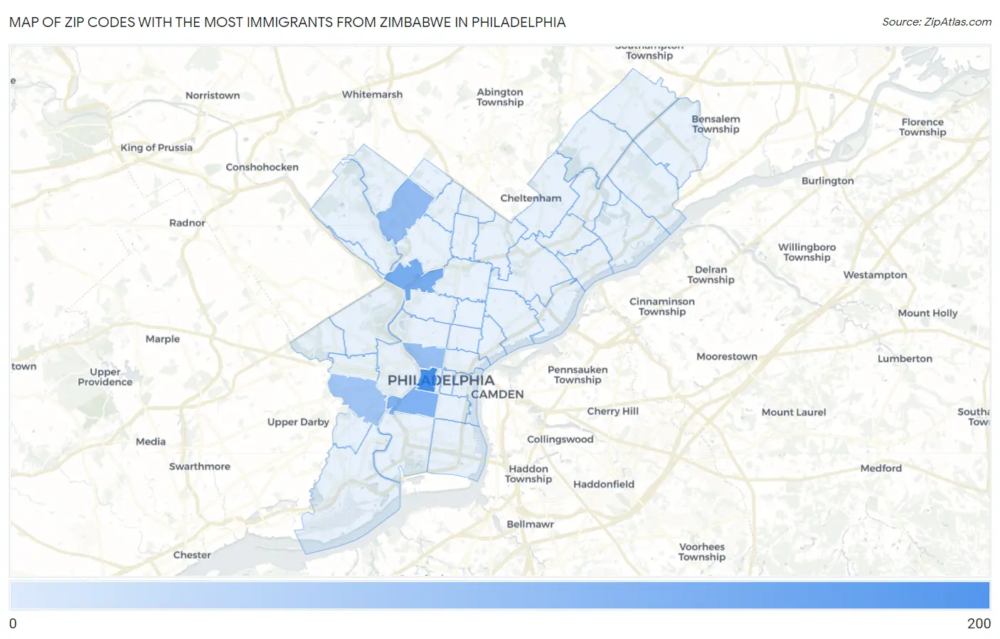 Zip Codes with the Most Immigrants from Zimbabwe in Philadelphia Map