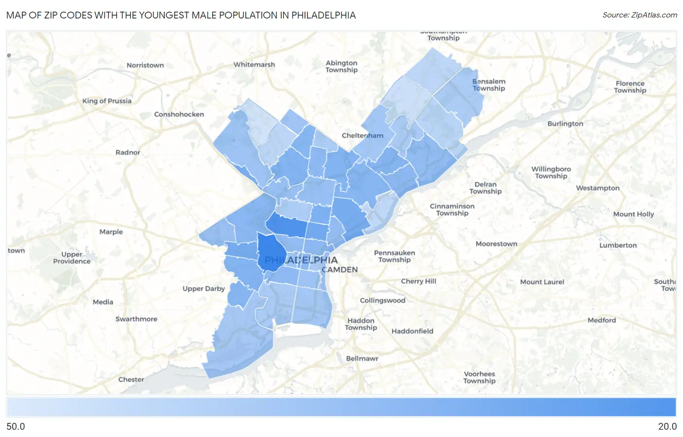 Zip Codes with the Youngest Male Population in Philadelphia Map