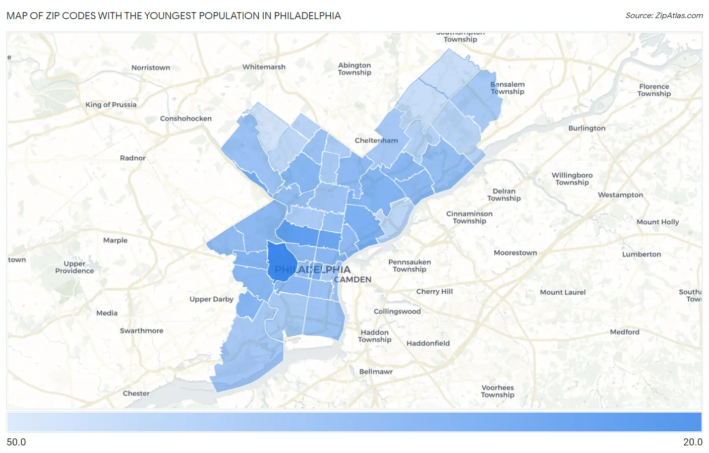 Zip Codes with the Youngest Population in Philadelphia Map