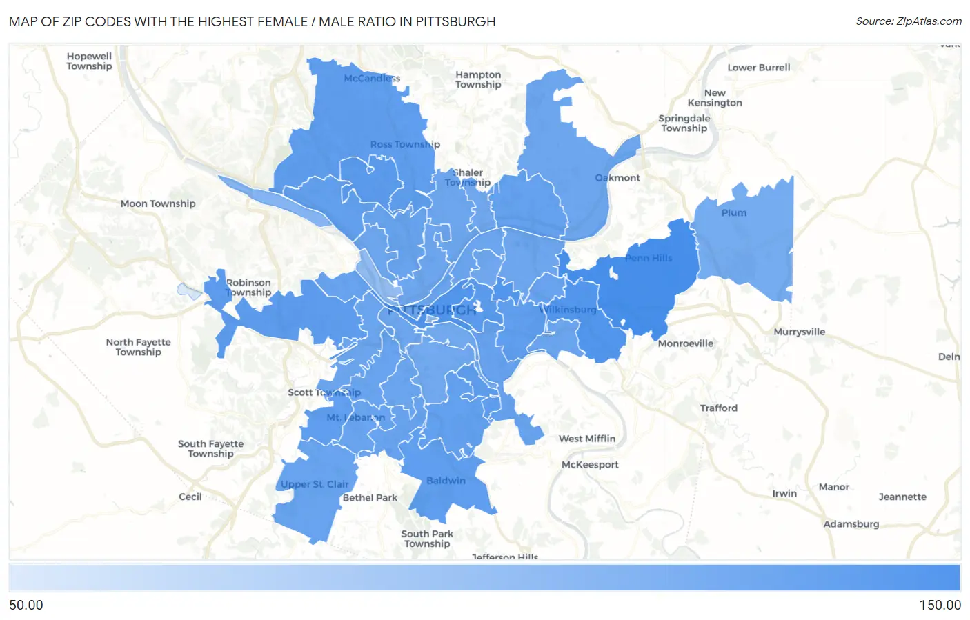Zip Codes with the Highest Female / Male Ratio in Pittsburgh Map