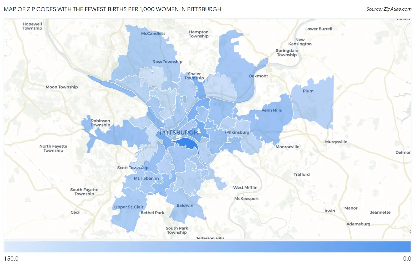 Zip Codes with the Fewest Births per 1,000 Women in Pittsburgh Map