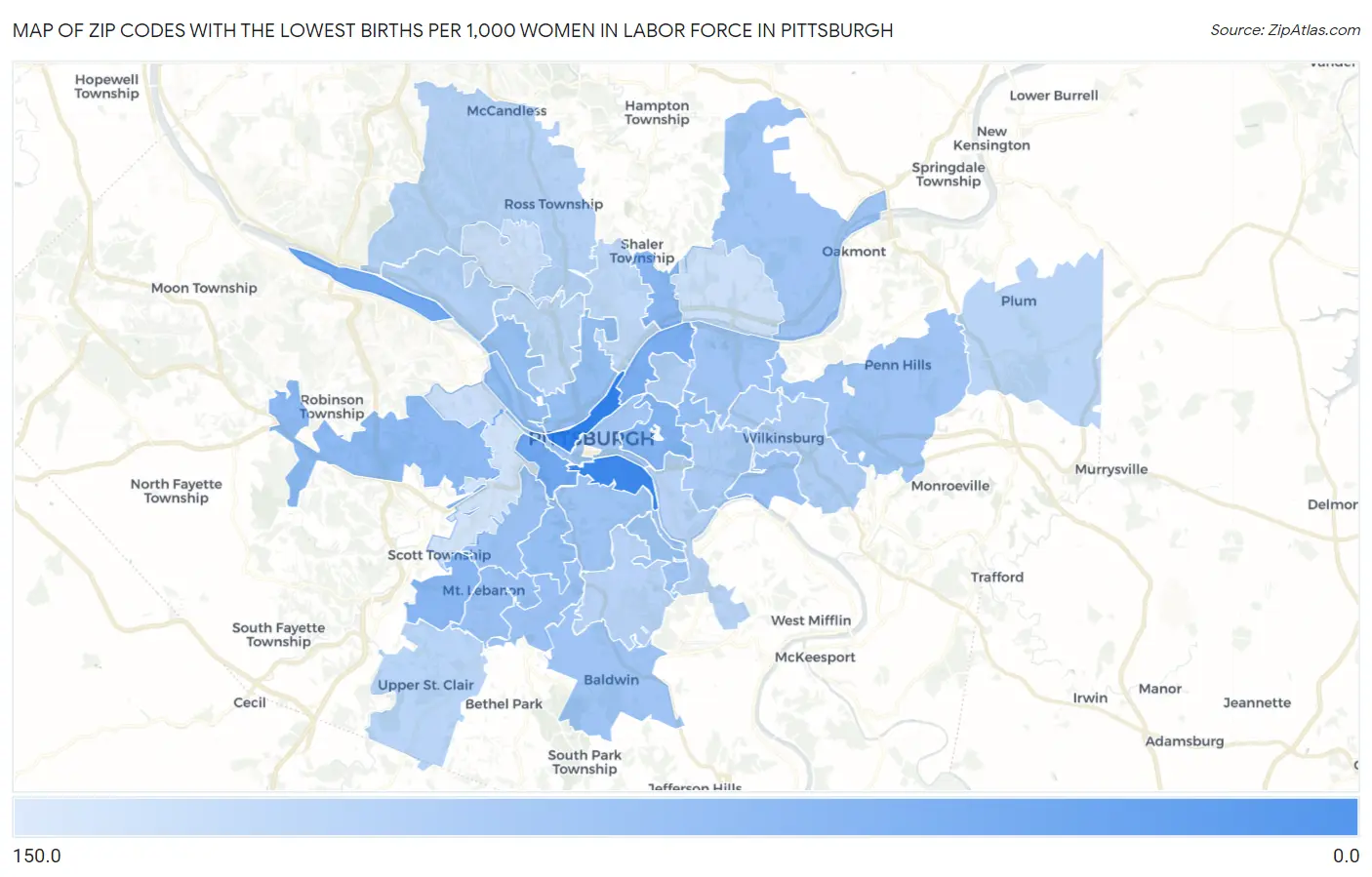 Zip Codes with the Lowest Births per 1,000 Women in Labor Force in Pittsburgh Map