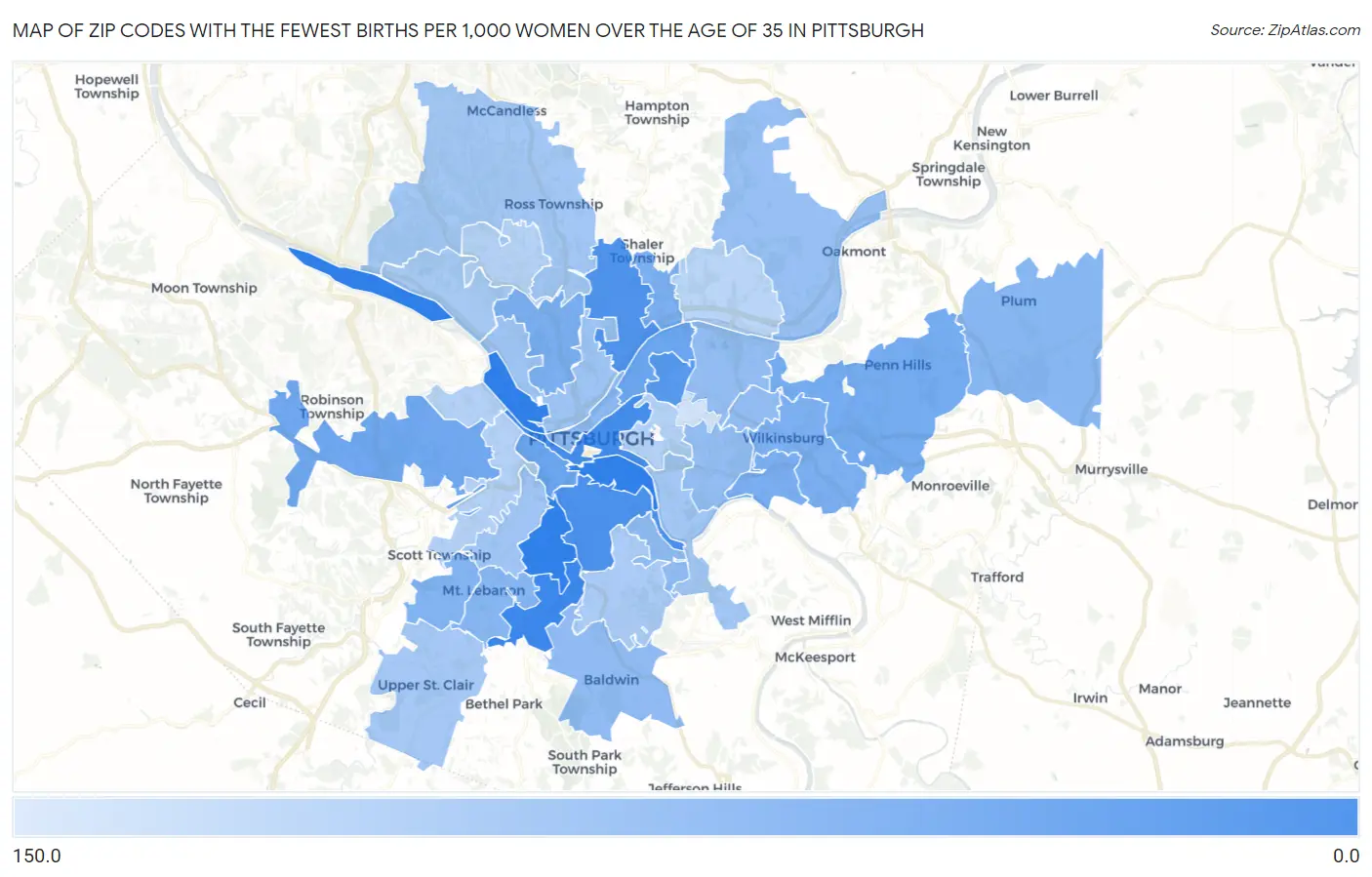 Zip Codes with the Fewest Births per 1,000 Women Over the Age of 35 in Pittsburgh Map