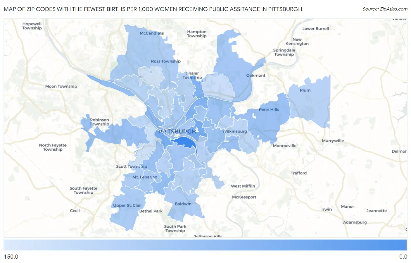 Zip Codes with the Fewest Births per 1,000 Women Receiving Public Assitance in Pittsburgh Map