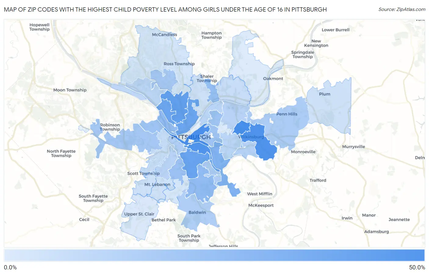 Zip Codes with the Highest Child Poverty Level Among Girls Under the Age of 16 in Pittsburgh Map